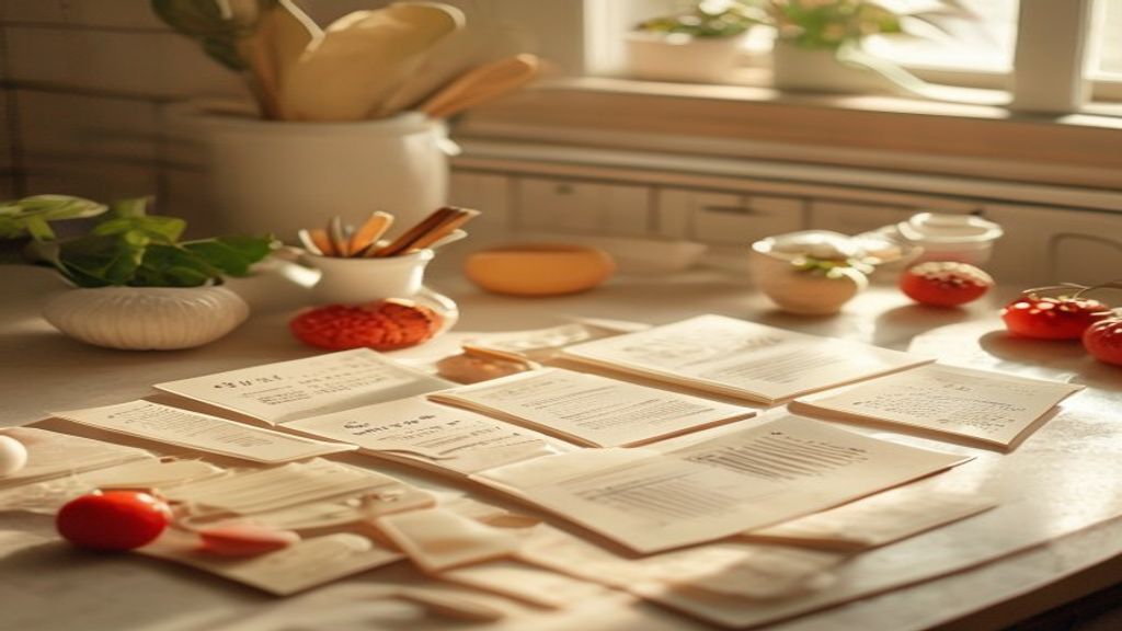 Sorter oppskrifter arrangert på kjøkkenbord